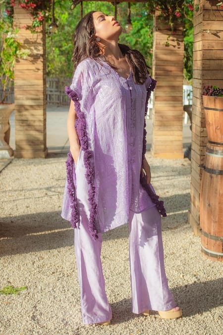 Buy_MONK & MEI BY SONIA ANAND_Purple Georgette Tassels V-neck V Kaftan And Pant Set _Online_at_Aza_Fashions