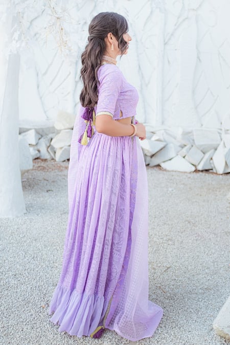 Monk & Mei By Sonia Anand Purple Georgette Embroidery, Stones, Tassels Floral Chikankari Lehenga Set at Aza Fashions Monk & Mei By Sonia Anand_Purple Georgette Embroidery, Stones, Tassels Floral Chikankari Lehenga Set _at_Aza_Fashions