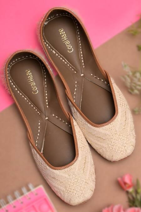 Shop_Coral Haze_Ivory Simone Fringe Trim Juttis_Online_at_Aza_Fashions