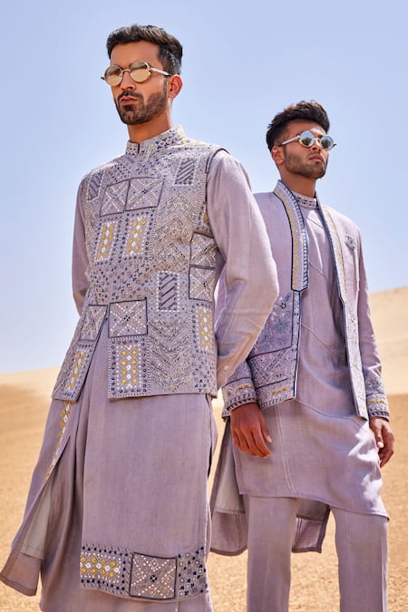 Sarab Khanijou Purple Silk Pearls, Sequins Embroidered Bundi Kurta Set Online at Aza Fashions Sarab Khanijou_Purple Silk Pearls, Sequins Embroidered Bundi Kurta Set _Online_at_Aza_Fashions