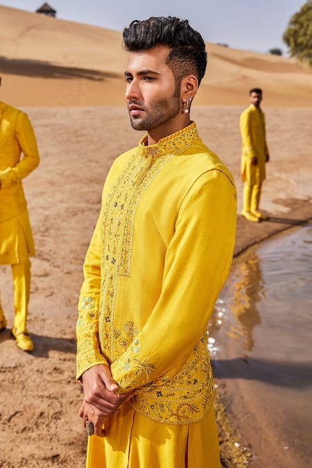 Sarab Khanijou_Yellow Silk Embroidered Pearl Bundi Set _Online_at_Aza_Fashions