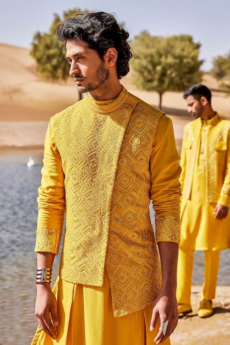 Sarab Khanijou Yellow Silk Embroidered Pearl Geometric Bundi Set Online at Aza Fashions Sarab Khanijou_Yellow Silk Embroidered Pearl Geometric Bundi Set _Online_at_Aza_Fashions