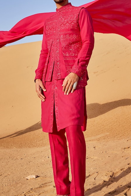 Sarab Khanijou_Pink Silk Embroidered Pearl Hot Bundi Kurta Set _Online_at_Aza_Fashions