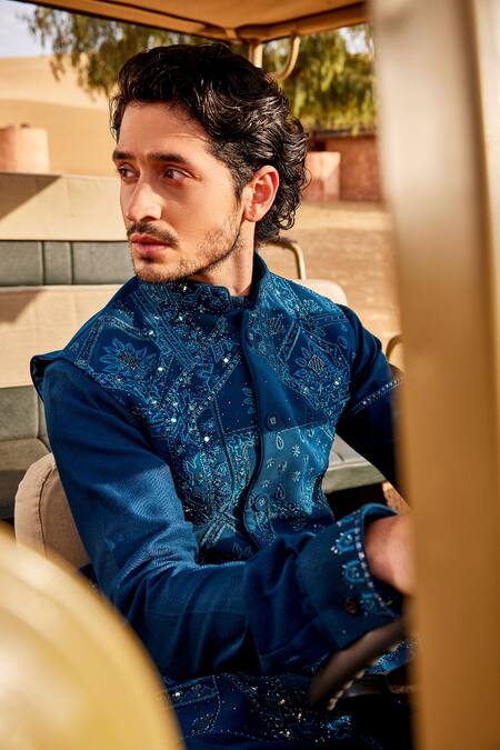 Sarab Khanijou_Blue Silk Embroidered Pearl Bundi Pant Set _Online_at_Aza_Fashions