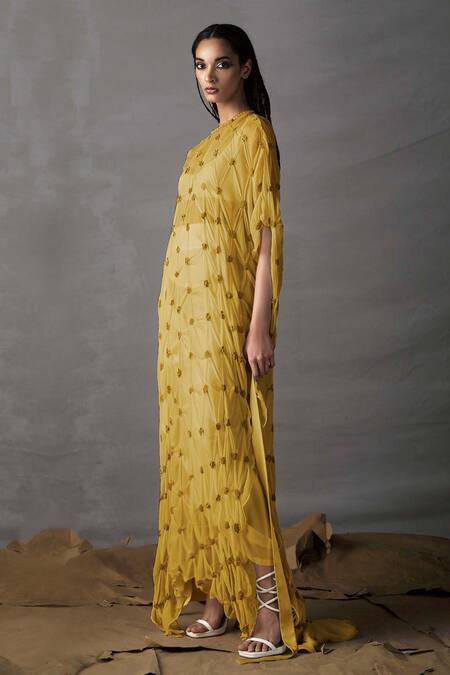 AK-OK_Yellow Chiffon Sequins Round Neck Embroidered Slip Dress With Top Skirt Set _Online_at_Aza_Fashions
