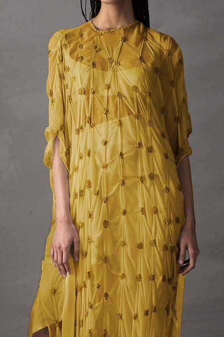 Buy AK-OK Yellow Chiffon Sequins Round Neck Embroidered Slip Dress With Top Skirt Set Online at Aza Fashions Buy_AK-OK_Yellow Chiffon Sequins Round Neck Embroidered Slip Dress With Top Skirt Set _Online_at_Aza_Fashions