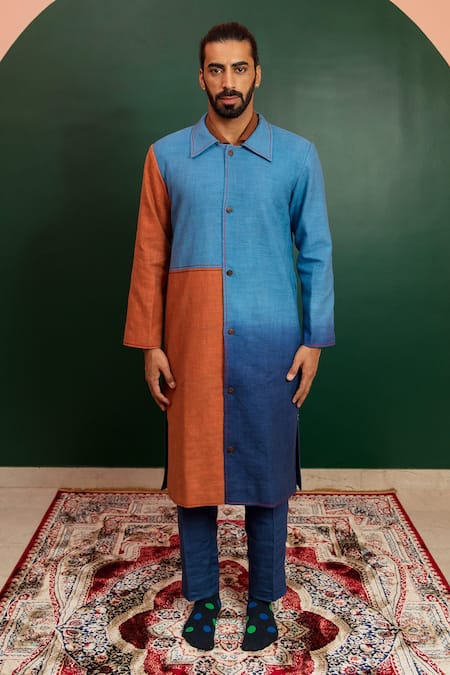 Shop_Artless_Multi Color Cotton Jacquard Plain Sky And Ocean Spread Collar Coat_Online_at_Aza_Fashions