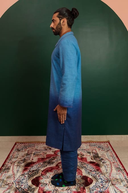 Artless_Multi Color Cotton Jacquard Plain Sky And Ocean Spread Collar Coat_at_Aza_Fashions