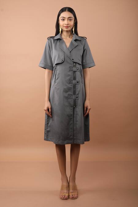 Veera Wear_Grey Cotton Collared Somber Lapel Dress _Online_at_Aza_Fashions