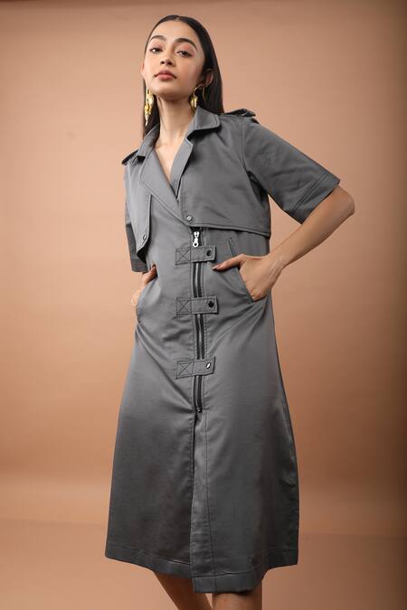 Buy_Veera Wear_Grey Cotton Collared Somber Lapel Dress _Online_at_Aza_Fashions