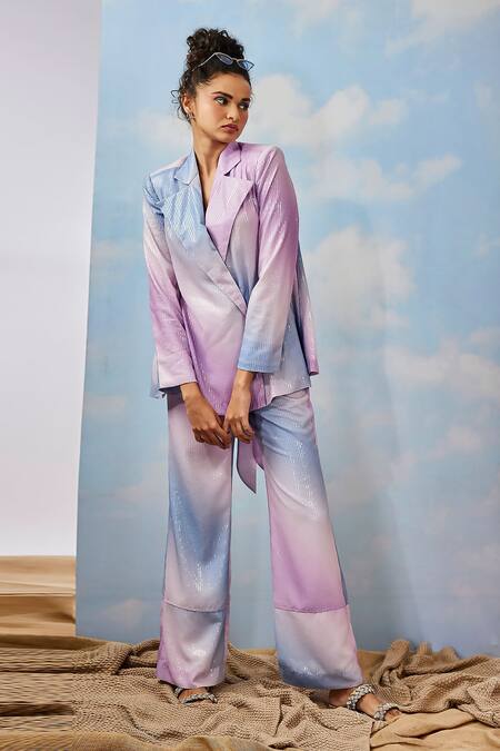 Buy_Sonam Parmar Jhawar_Purple Chiffon Sequins Madison Printed Blazer And Pant Set_Online_at_Aza_Fashions