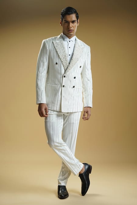 Kommal Sood White Velvet Stripe Pearl Embroidered And Pattern Blazer Trouser Set 