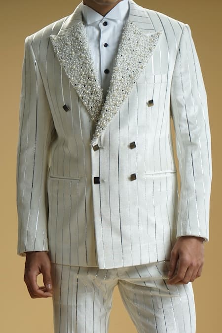 Buy Kommal Sood White Velvet Stripe Pearl Embroidered And Pattern Blazer Trouser Set Online at Aza Fashions Buy_Kommal Sood_White Velvet Stripe Pearl Embroidered And Pattern Blazer Trouser Set _Online_at_Aza_Fashions