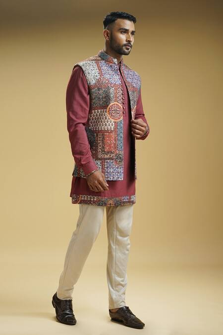 Kommal Sood_Beige Silk, Cotton Embroidery Moroccan Pattern Bundi Kurta Set_at_Aza_Fashions