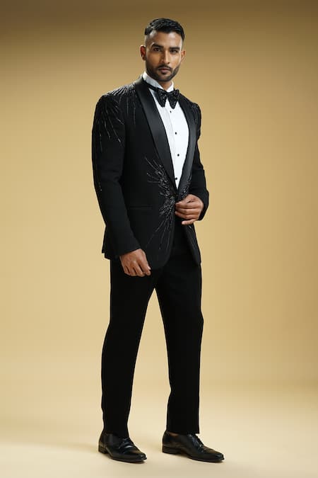 Shop Kommal Sood Black Kupro Embroidered Cutdana Tuxedo Set Online at Aza Fashions Shop_Kommal Sood_Black Kupro Embroidered Cutdana Tuxedo Set _Online_at_Aza_Fashions