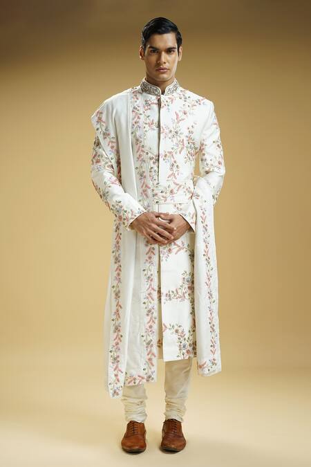 Buy Kommal Sood Off White Cotton, Silk Embroidery Flower Sherwani Set Online at Aza Fashions Buy_Kommal Sood_Off White Cotton, Silk Embroidery Flower Sherwani Set _Online_at_Aza_Fashions