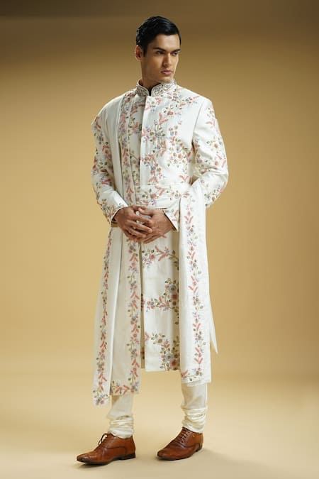 Shop Kommal Sood Off White Cotton, Silk Embroidery Flower Sherwani Set Online at Aza Fashions Shop_Kommal Sood_Off White Cotton, Silk Embroidery Flower Sherwani Set _Online_at_Aza_Fashions