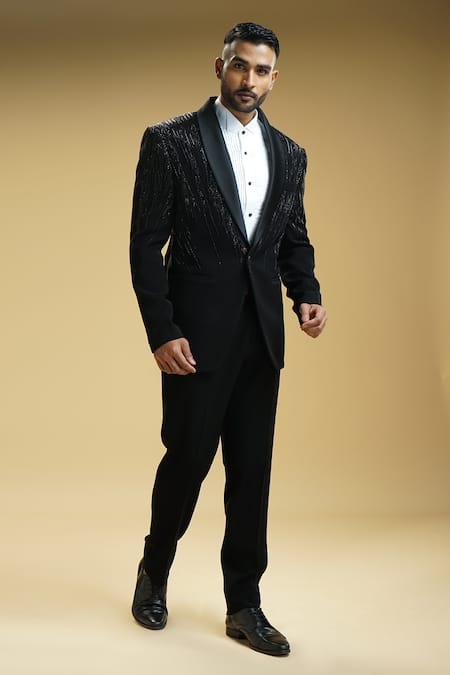 Buy Kommal Sood Black Kupro Embroidered Cutdana Tonal And Sequin Tuxedo Trouser Set Online at Aza Fashions Buy_Kommal Sood_Black Kupro Embroidered Cutdana Tonal And Sequin Tuxedo Trouser Set _Online_at_Aza_Fashions