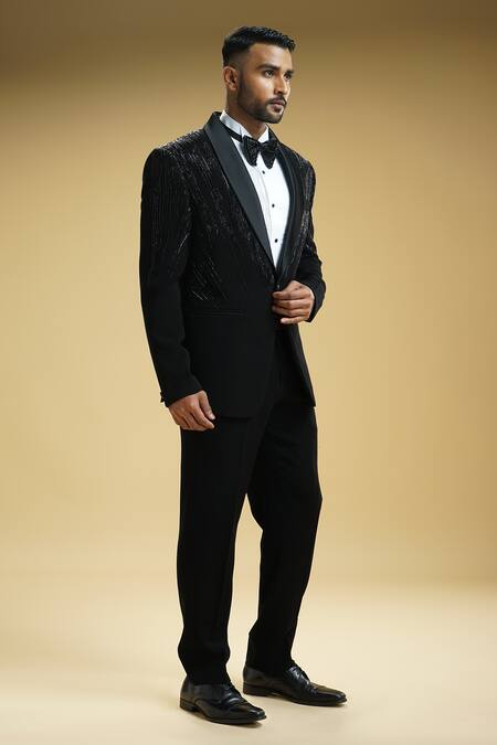 Shop Kommal Sood Black Kupro Embroidered Cutdana Tuxedo Set With Bow-tie Online at Aza Fashions Shop_Kommal Sood_Black Kupro Embroidered Cutdana Tuxedo Set With Bow-tie _Online_at_Aza_Fashions