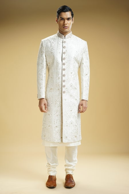 Buy_Kommal Sood_Off White Cotton Satin, Cotton, Silk Embroidery Flower Sherwani Jacket Set _Online_at_Aza_Fashions