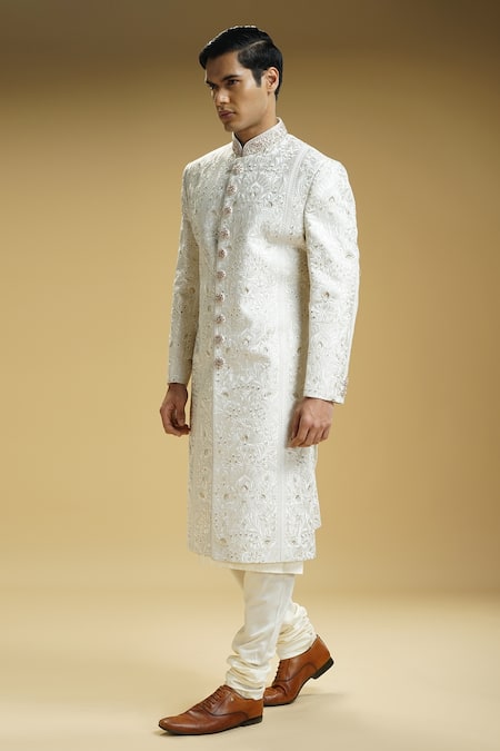 Shop_Kommal Sood_Off White Cotton Satin, Cotton, Silk Embroidery Flower Sherwani Jacket Set _Online_at_Aza_Fashions