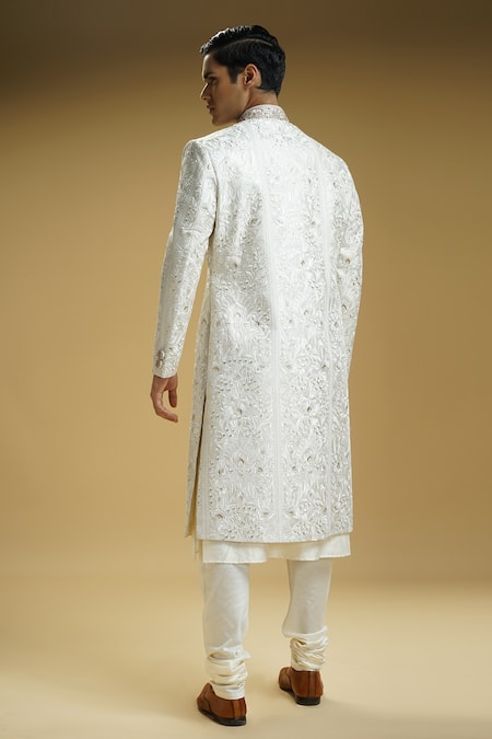 Kommal Sood_Off White Cotton Satin, Cotton, Silk Embroidery Flower Sherwani Jacket Set _at_Aza_Fashions