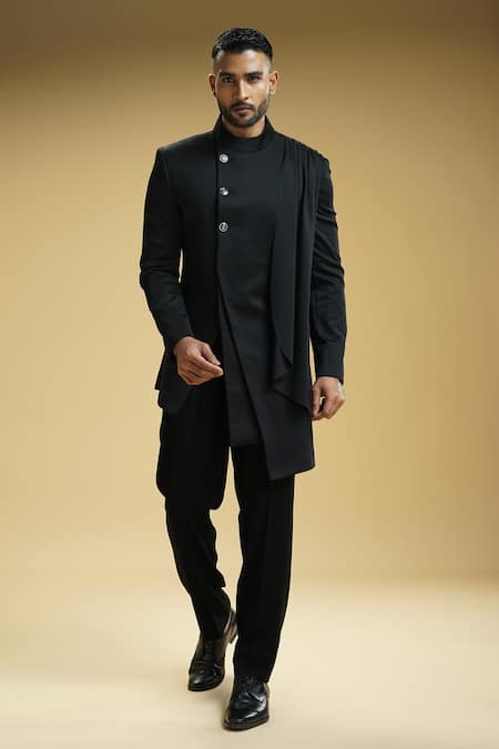 Buy Kommal Sood Black Kota Doria Asymmetric Achkan And Trouser Set Online at Aza Fashions Buy_Kommal Sood_Black Kota Doria Asymmetric Achkan And Trouser Set _Online_at_Aza_Fashions