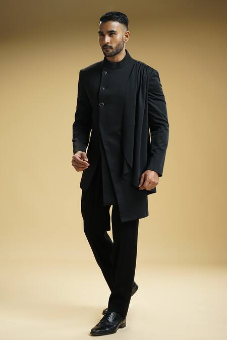 Shop Kommal Sood Black Kota Doria Asymmetric Achkan And Trouser Set Online at Aza Fashions Shop_Kommal Sood_Black Kota Doria Asymmetric Achkan And Trouser Set _Online_at_Aza_Fashions