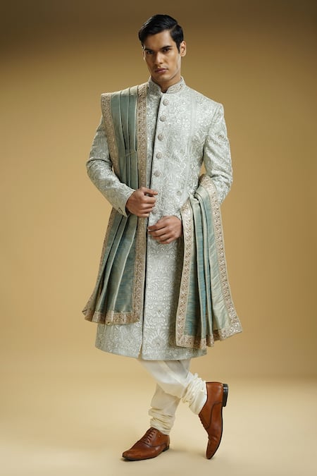 Buy Kommal Sood Green Silk Beads, Embroidery Flower And Emboss Effect Sherwani Set Online at Aza Fashions Buy_Kommal Sood_Green Silk Beads, Embroidery Flower And Emboss Effect Sherwani Set _Online_at_Aza_Fashions