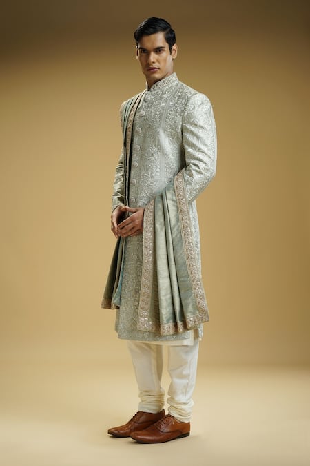 Shop Kommal Sood Green Silk Beads, Embroidery Flower And Emboss Effect Sherwani Set Online at Aza Fashions Shop_Kommal Sood_Green Silk Beads, Embroidery Flower And Emboss Effect Sherwani Set _Online_at_Aza_Fashions