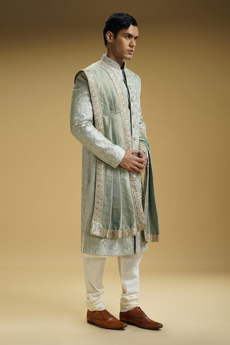 Kommal Sood Green Silk Beads, Embroidery Flower And Emboss Effect Sherwani Set at Aza Fashions Kommal Sood_Green Silk Beads, Embroidery Flower And Emboss Effect Sherwani Set _at_Aza_Fashions