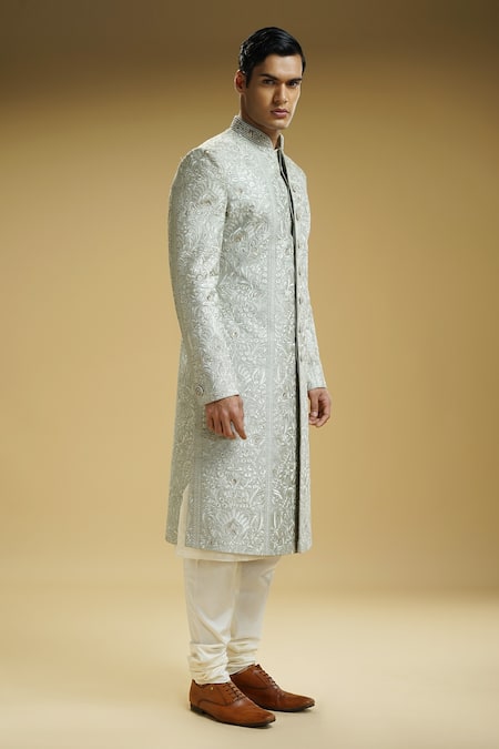 Shop Kommal Sood Green , Satin, Cotton Embroidery, Beads Mandala Flower Sherwani Set Online at Aza Fashions Shop_Kommal Sood_Green , Satin, Cotton Embroidery, Beads Mandala Flower Sherwani Set _Online_at_Aza_Fashions
