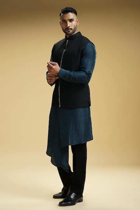 Buy_Kommal Sood_Black Silk, Kota Doria Front Zip Closure Bundi Asymmetric Kurta Set _Online_at_Aza_Fashions
