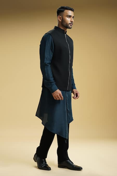Shop_Kommal Sood_Black Silk, Kota Doria Front Zip Closure Bundi Asymmetric Kurta Set _Online_at_Aza_Fashions