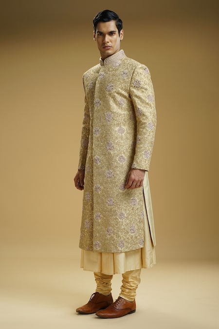 Kommal Sood Beige Cotton, Silk Cut Work, Cutdana Embellished And Floral Sherwani Set at Aza Fashions Kommal Sood_Beige Cotton, Silk Cut Work, Cutdana Embellished And Floral Sherwani Set _at_Aza_Fashions
