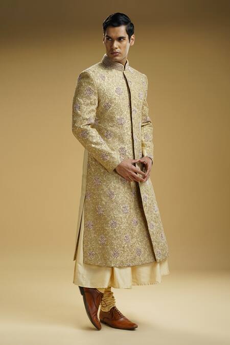 Buy Kommal Sood Beige Cotton, Silk Cut Work, Cutdana Embellished And Floral Sherwani Set Buy_Kommal Sood_Beige Cotton, Silk Cut Work, Cutdana Embellished And Floral Sherwani Set