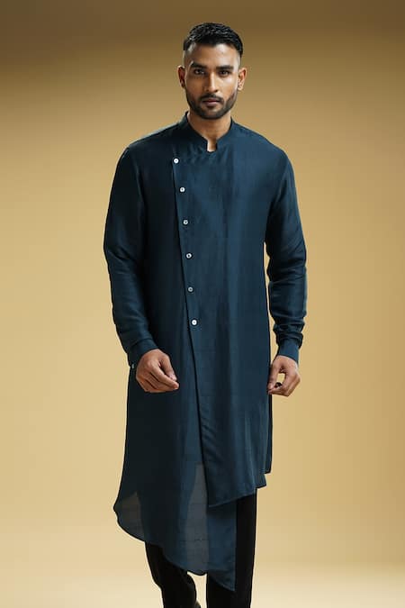 Kommal Sood Blue Silk Solid Slide-open Kurta And Trouser Set Online at Aza Fashions Kommal Sood_Blue Silk Solid Slide-open Kurta And Trouser Set _Online_at_Aza_Fashions