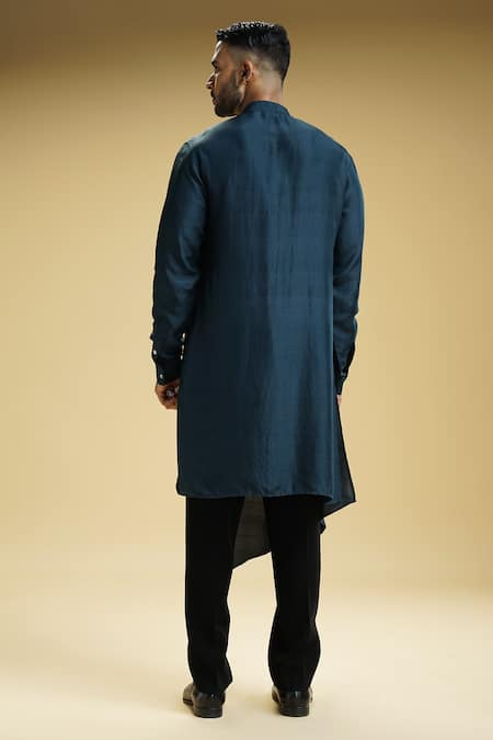 Buy_Kommal Sood_Black Silk, Kota Doria Front Zip Closure Bundi Asymmetric Kurta Set 