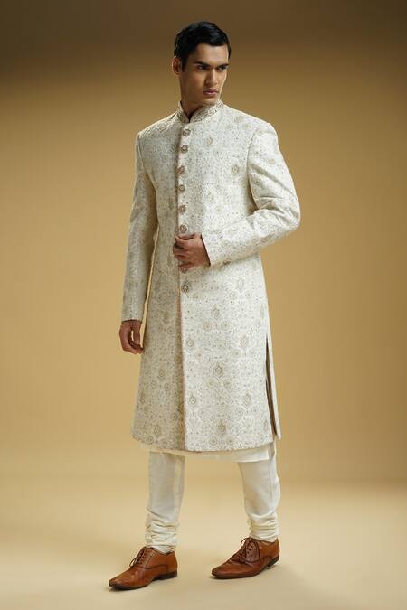 Kommal Sood Off White Silk, Cotton Embroidery Sherwani Set at Aza Fashions Kommal Sood_Off White Silk, Cotton Embroidery Sherwani Set _at_Aza_Fashions