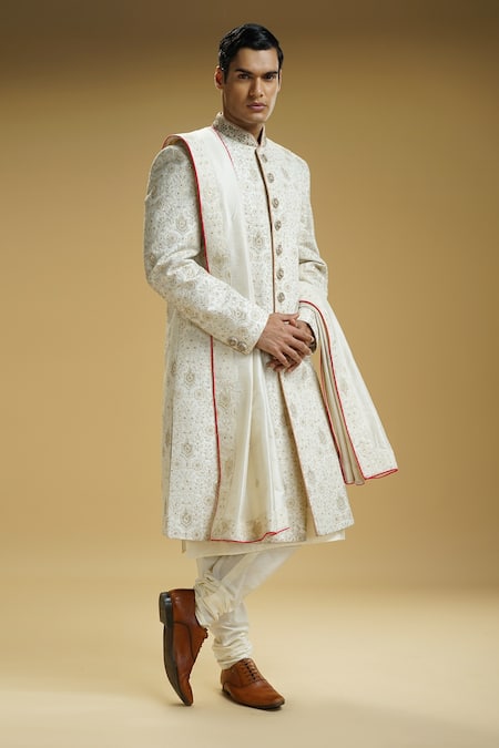 Buy_Kommal Sood_Off White Silk Dupion Embroidered Floral Jaali Sherwani Set With Stole  