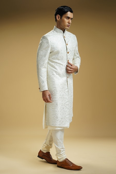 Buy Kommal Sood Off White Cotton, Silk Embroidery Gota Sherwani Set Buy_Kommal Sood_Off White Cotton, Silk Embroidery Gota Sherwani Set