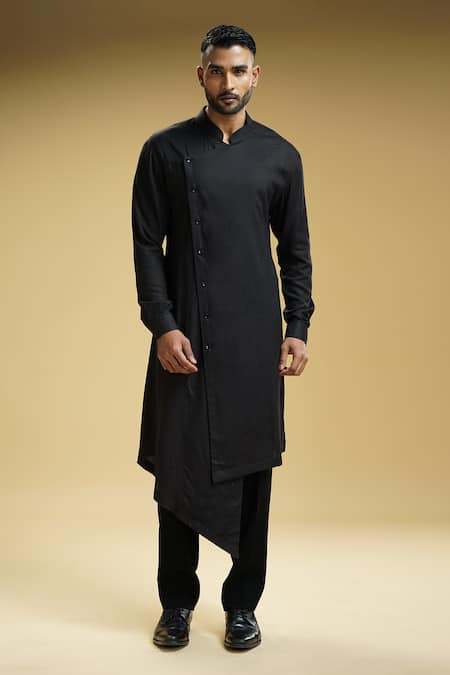 Buy Kommal Sood Black Cotton Silk Solid Slide-open Kurta And Trouser Set Online at Aza Fashions Buy_Kommal Sood_Black Cotton Silk Solid Slide-open Kurta And Trouser Set _Online_at_Aza_Fashions