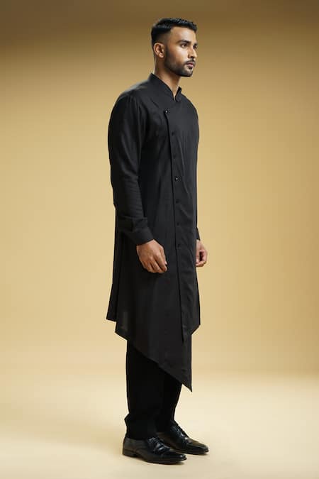 Shop Kommal Sood Black Cotton Silk Solid Slide-open Kurta And Trouser Set Online at Aza Fashions Shop_Kommal Sood_Black Cotton Silk Solid Slide-open Kurta And Trouser Set _Online_at_Aza_Fashions