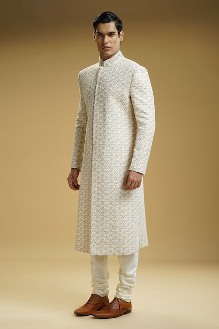Kommal Sood_Off White Dupion Silk Embroidered Paisley Motifs Sherwani Set  _at_Aza_Fashions