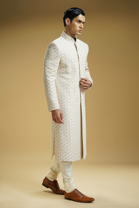 Buy_Kommal Sood_Off White Dupion Silk Embroidered Paisley Motifs Sherwani Set  