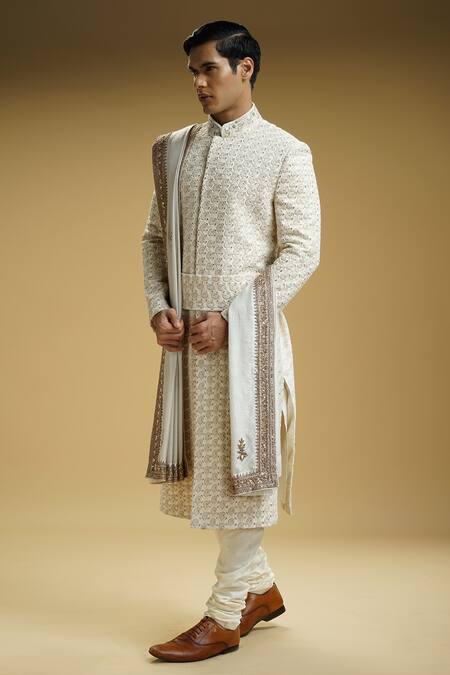 Kommal Sood Off White Silk, , Satin Embroidery Sherwani Set With Stole at Aza Fashions Kommal Sood_Off White Silk, , Satin Embroidery Sherwani Set With Stole _at_Aza_Fashions