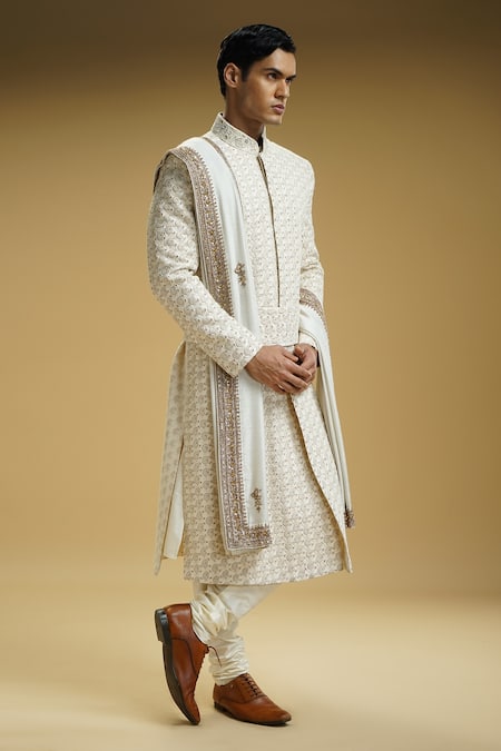 Buy Kommal Sood Off White Silk, , Satin Embroidery Sherwani Set With Stole Buy_Kommal Sood_Off White Silk, , Satin Embroidery Sherwani Set With Stole