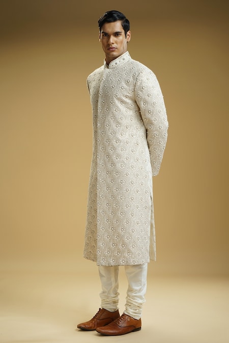 Kommal Sood Off White Georgette, Cotton Embroidery Jaal Sherwani Set at Aza Fashions Kommal Sood_Off White Georgette, Cotton Embroidery Jaal Sherwani Set _at_Aza_Fashions