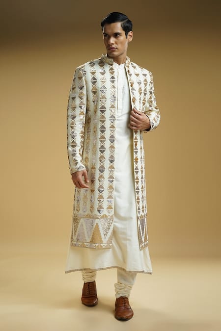 Buy_Kommal Sood_Off White Georgette, Cotton, Silk Sequins Embroidered Front-open Sherwani Set_Online_at_Aza_Fashions