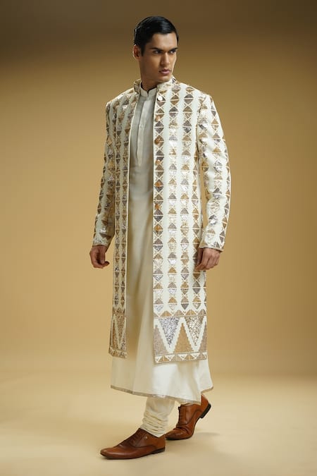 Shop_Kommal Sood_Off White Georgette, Cotton, Silk Sequins Embroidered Front-open Sherwani Set_Online_at_Aza_Fashions